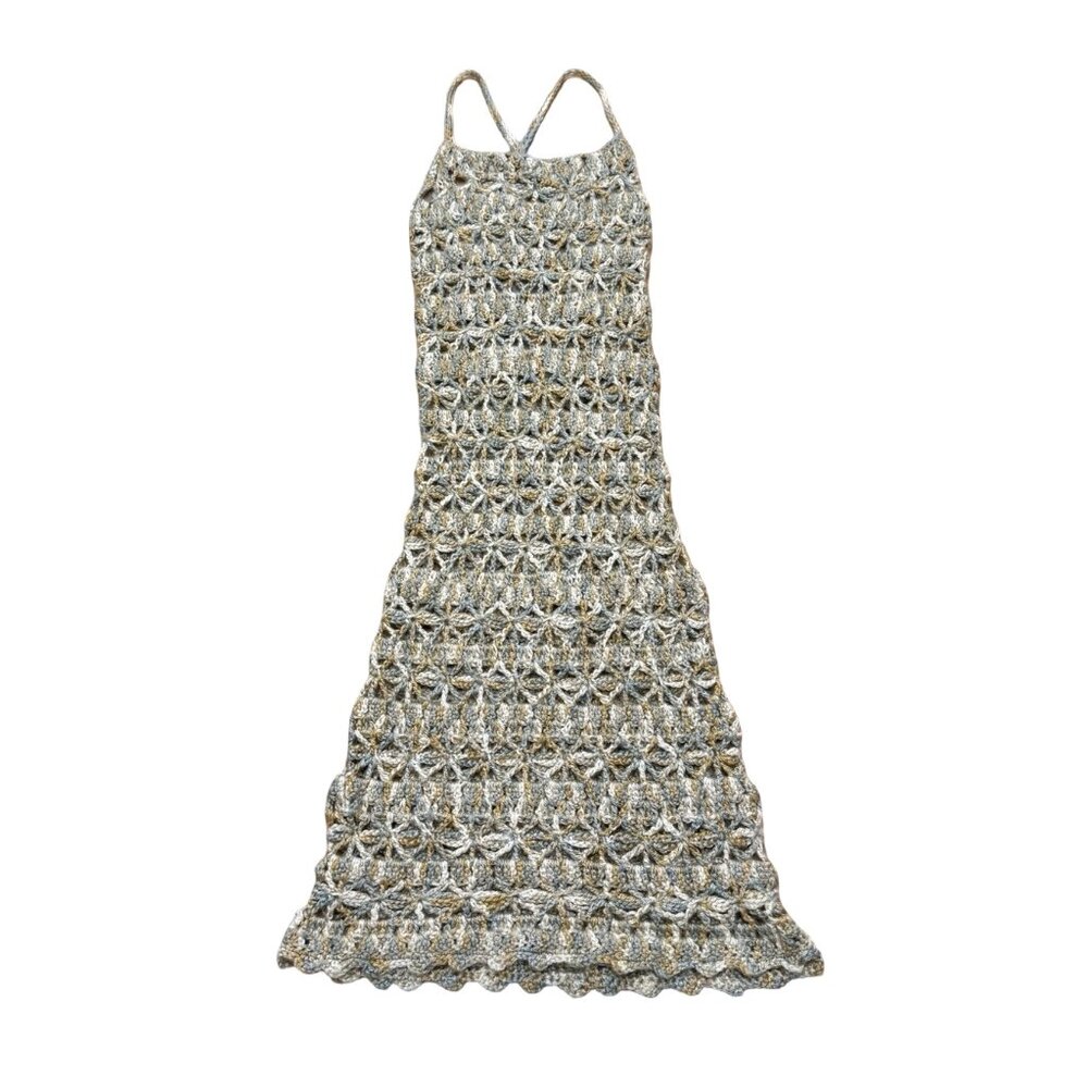 Custom Handmade Crochet Silk Maxi Dress Open Knit Neutral